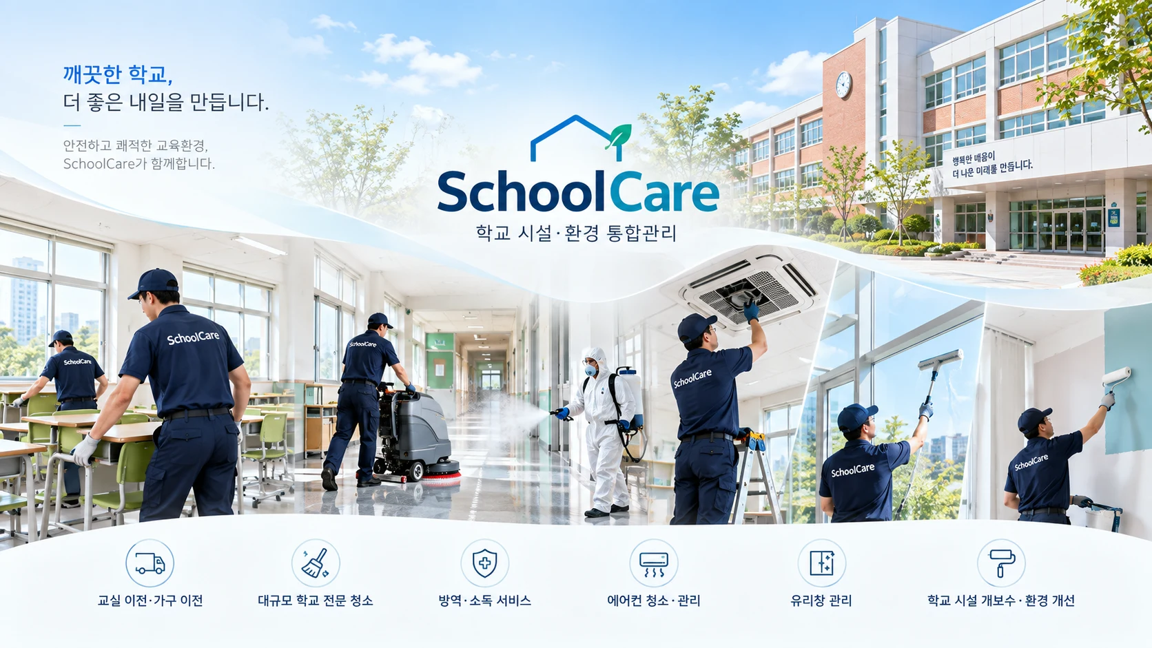 깨끗한 학교, 더 좋은 내일을 만듭니다. 안전하고 쾌적한 교육환경, SchoolCare가 함께합니다. 학교 시설·환경 통합관리 — 교실 이전·가구 이전, 대규모 학교 전문 청소, 방역·소독 서비스, 에어컨 청소·관리, 유리창 관리, 학교 시설 개보수·환경 개선.